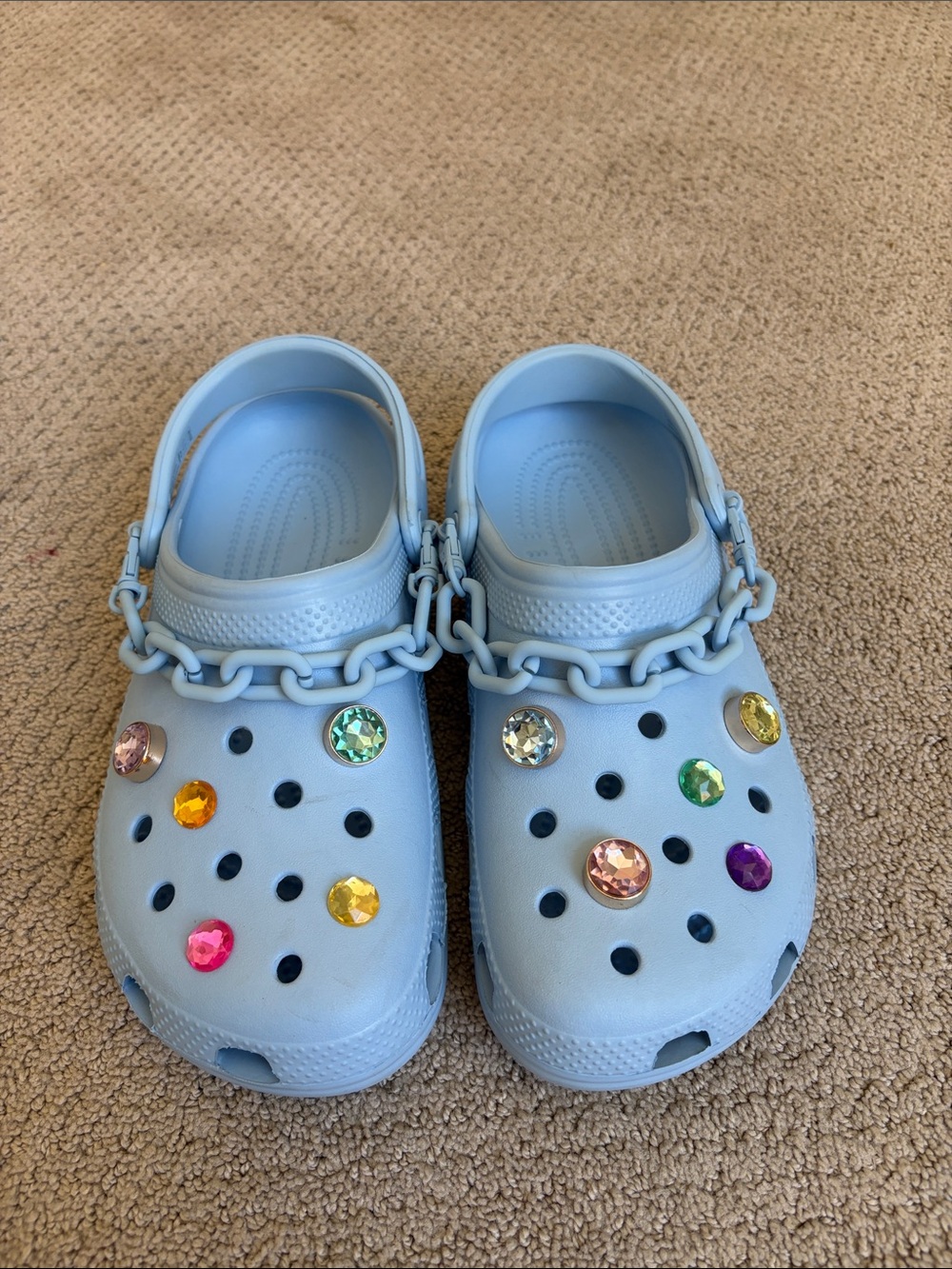 Women’s Light Blue Crocs with Chain and Gems